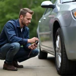 Homme vérifiant la pression des pneus de sa voiture dans une allée résidentielle, entretien automobile quotidien