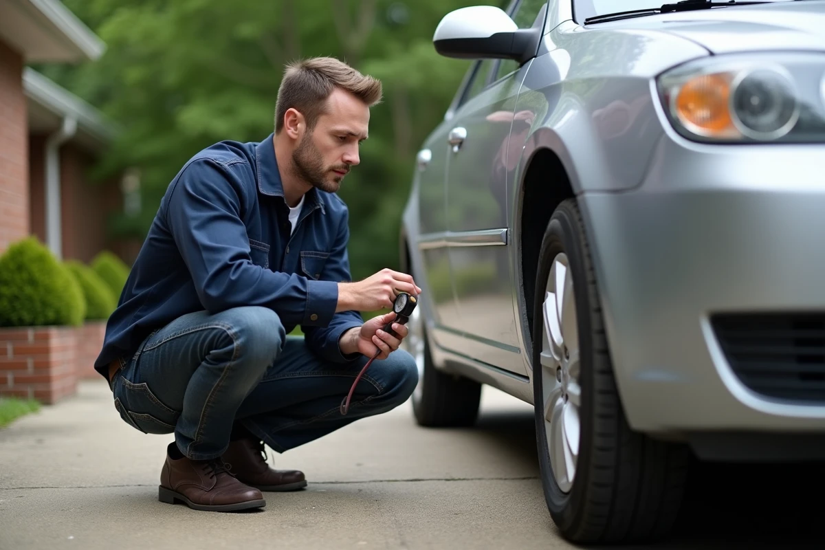 Homme vérifiant la pression des pneus de sa voiture dans une allée résidentielle, entretien automobile quotidien